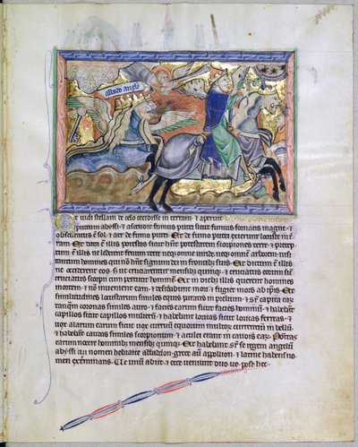 Exterminans, le roi des sauterelles, sort de la fosse, du Gulbenkian Apocalypse, c.1265-70 - English School